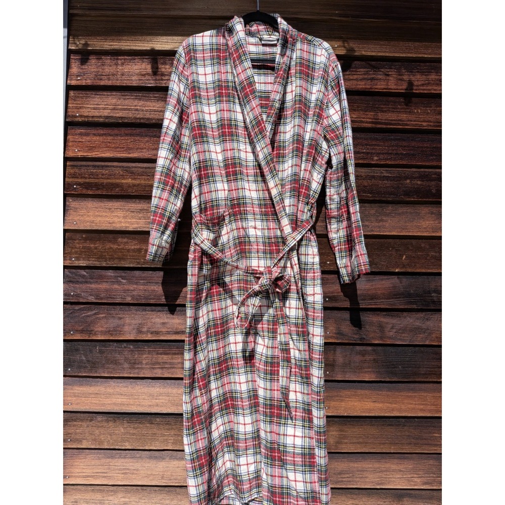 LL Bean Flannel Robe L Natural Red Scotch Plaid Tartan Cabincore Cottage Holiday - Picture 2 of 6